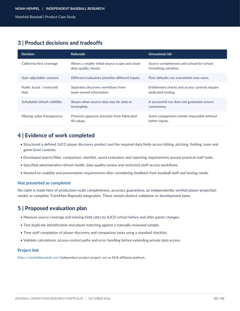 Ninefold Baseball: Product Development Case Study, page 3. Plain text is available below.