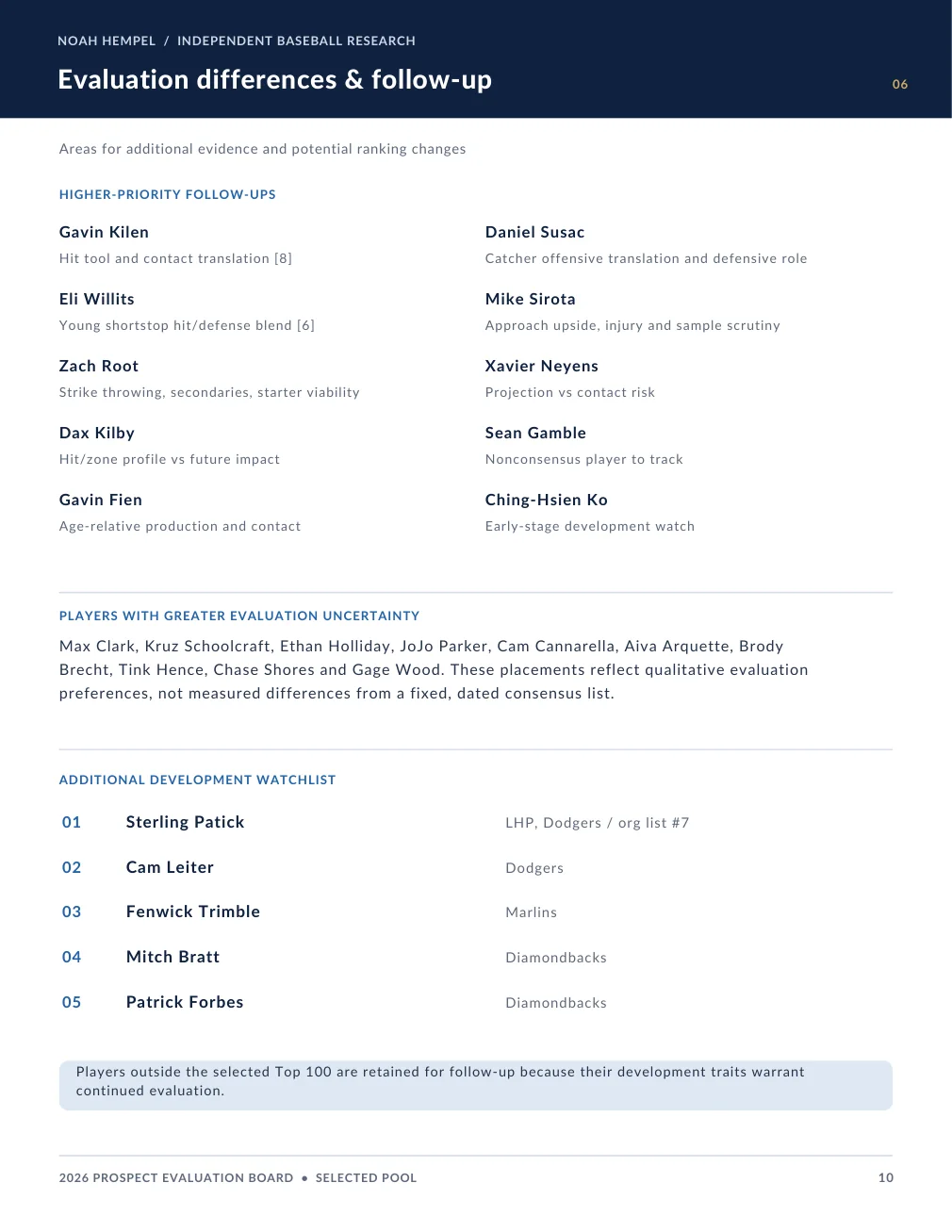 2026 Prospect Evaluation Board, page 10. Plain text is available below.